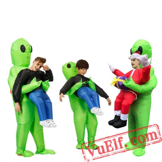 Adult Kids Scary Green Alien Inflatable Blow Up Costume 