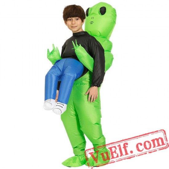 Adult Kids Scary Green Alien Inflatable Blow Up Costume 