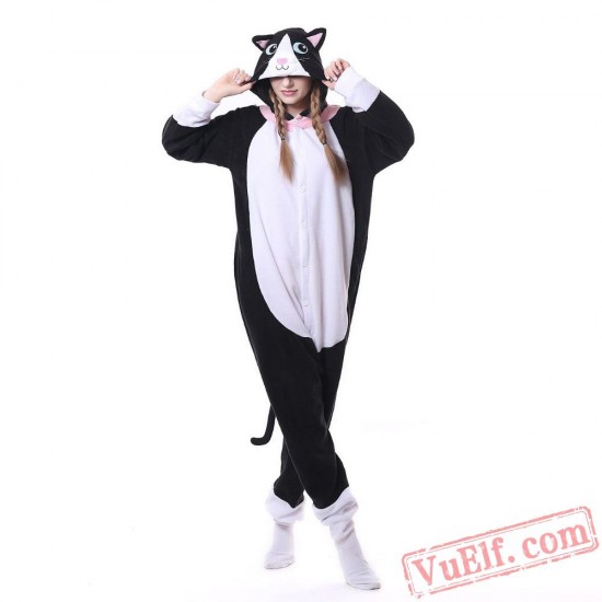 White-Face Black Cat Kigurumi Onesie Pajamas Animal Onesies