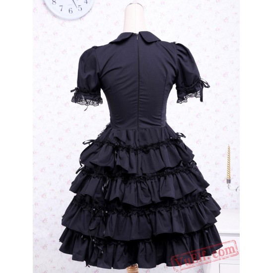 Black Turndown Collar Multi-layer Cotton Gothic Lolita Dress