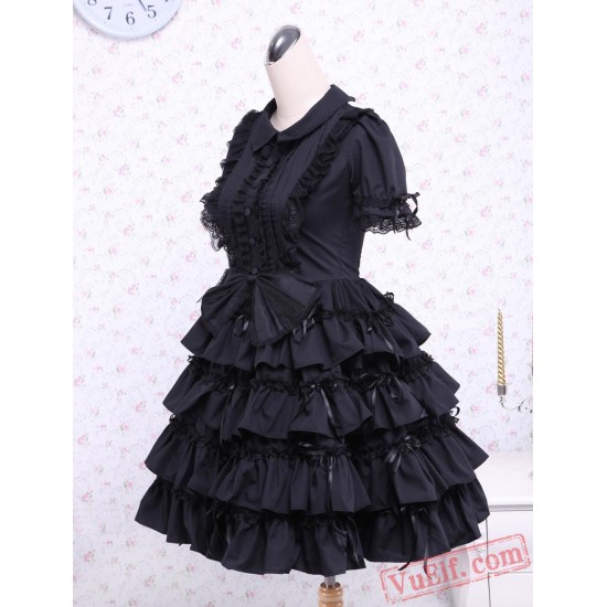 Black Turndown Collar Multi-layer Cotton Gothic Lolita Dress