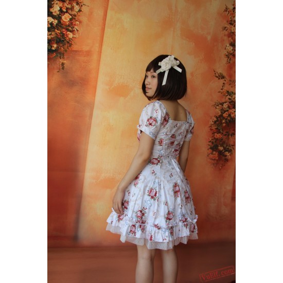 Printed Flower Cotton Lolita Dress Short Sleeves