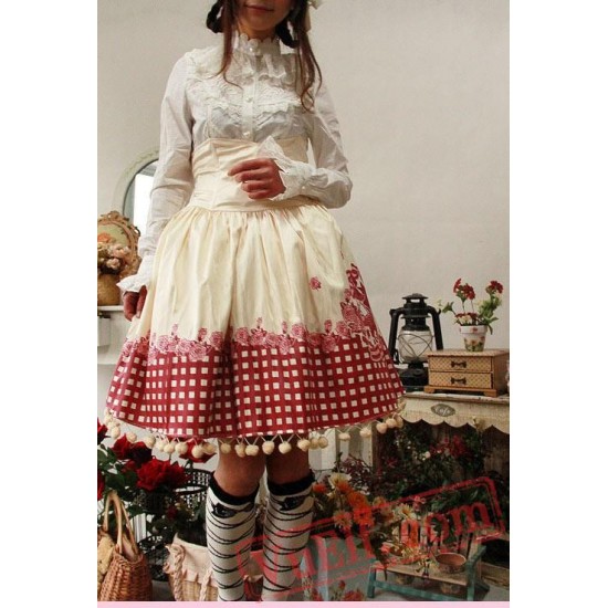 Red Hat Cotton Printed Lolita High Waisted Skirt