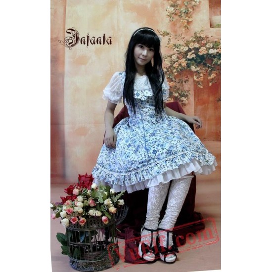 Royal Blue Rose Flowers Ruffles Lolita One Piece Dress