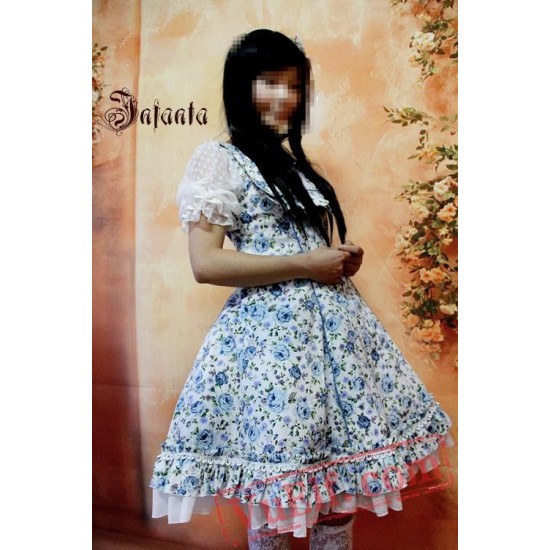 Royal Blue Rose Flowers Ruffles Lolita One Piece Dress