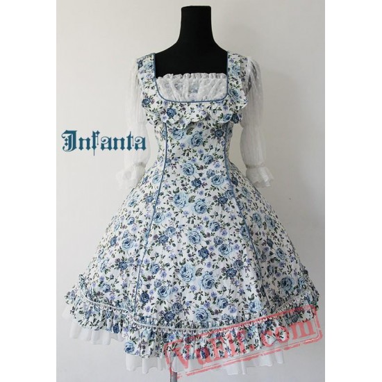 Royal Blue Rose Flowers Ruffles Lolita One Piece Dress