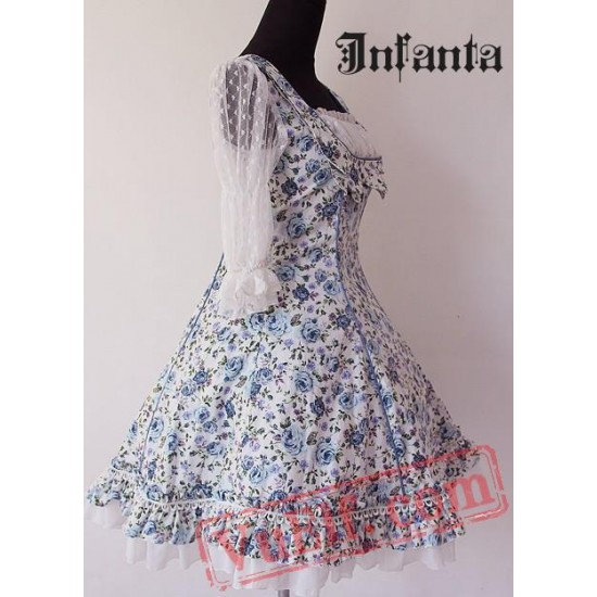 Royal Blue Rose Flowers Ruffles Lolita One Piece Dress