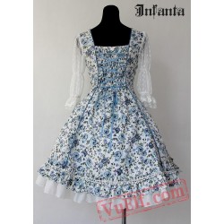 Royal Blue Rose Flowers Ruffles Lolita One Piece Dress