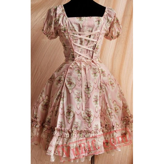 Pink Circle Flowers Lolita Short Sleeves Dress