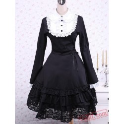 Black Cotton Lace Long Sleeves Ruffle Gothic Lolita Dress