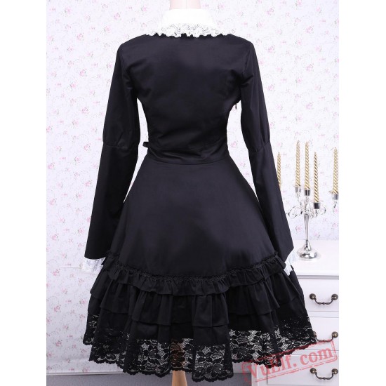 Black Cotton Lace Long Sleeves Ruffle Gothic Lolita Dress