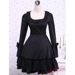 Black Long Sleeves Cross Straps Cotton Classic Lolita Dress