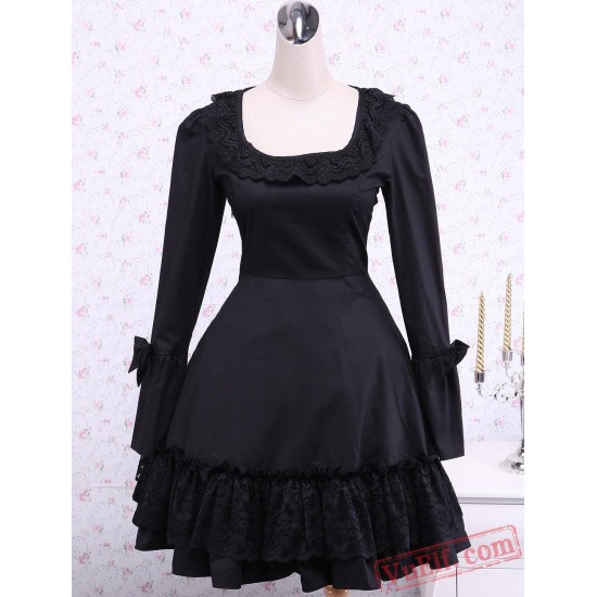 Black Long Sleeves Cross Straps Cotton Classic Lolita Dress