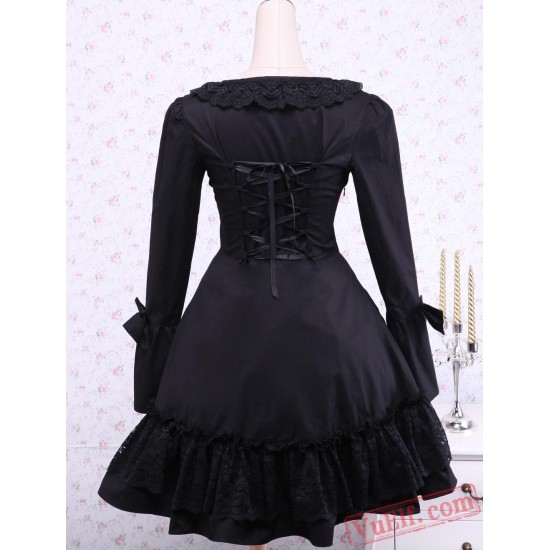 Black Long Sleeves Cross Straps Cotton Classic Lolita Dress