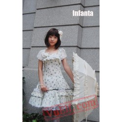 White Cotton Lolita Dress with Blue Flowers Prints