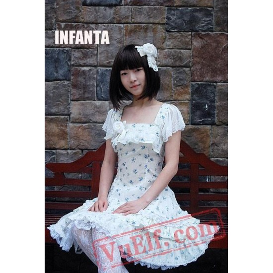 White Cotton Lolita Dress with Blue Flowers Prints