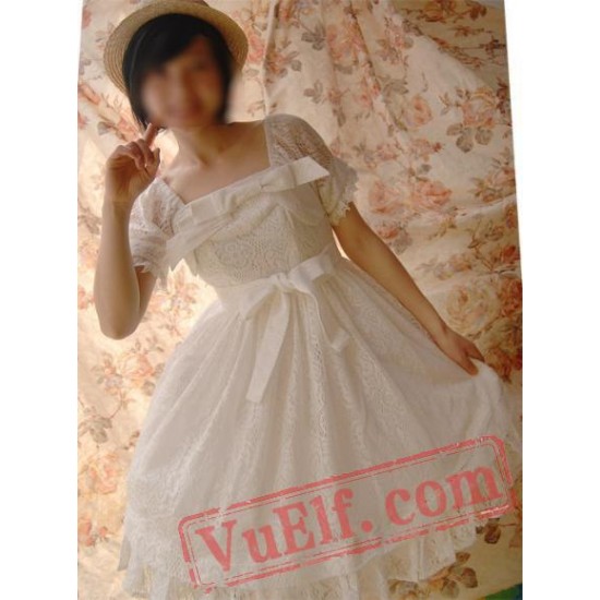 White Gothic Lolita Dress Multiple Bows Lace