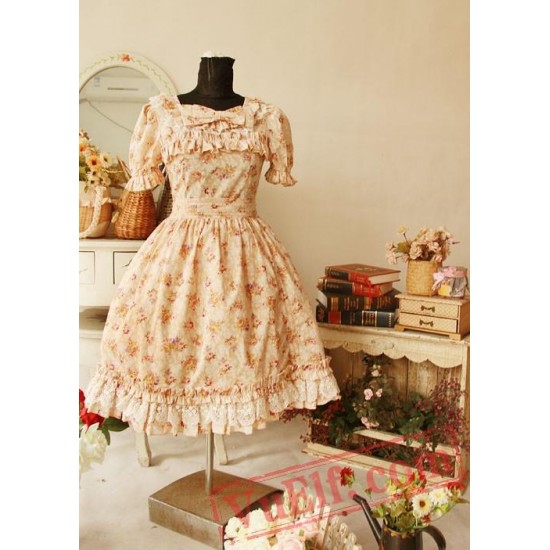 Yellow Floral Cotton Lolita One Piece Dress