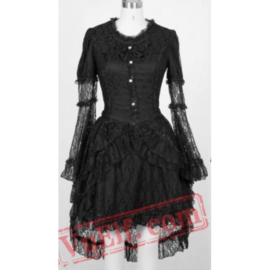 Black Lace Long Sleeve Goth Wedding Cosplay Shirt Dress