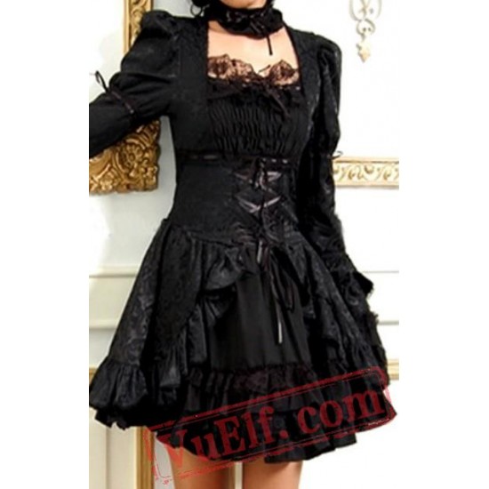 Black Tea Length Long Sleeve Punk Gothic Wedding Dress