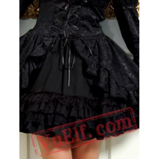 Black Tea Length Long Sleeve Punk Gothic Wedding Dress