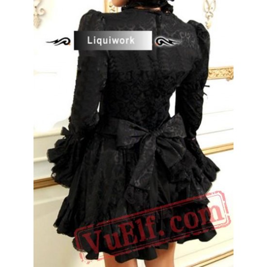 Black Tea Length Long Sleeve Punk Gothic Wedding Dress