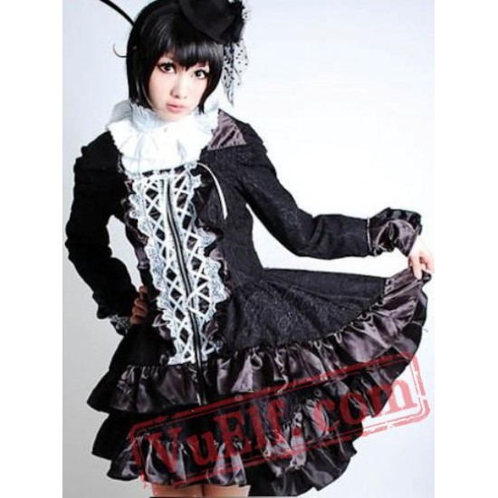 Black Long Sleeve White Lace Victorian Gothic Dress