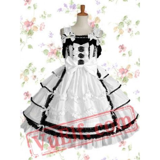 Black And White Sleeveless Bandage Cotton Gothic Lolita Dress