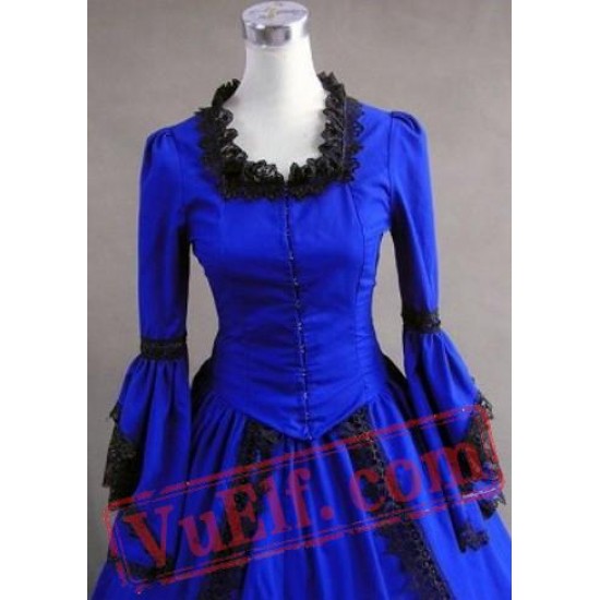 Blue Long Sleeve Winter Colonial Goth Wedding Dress