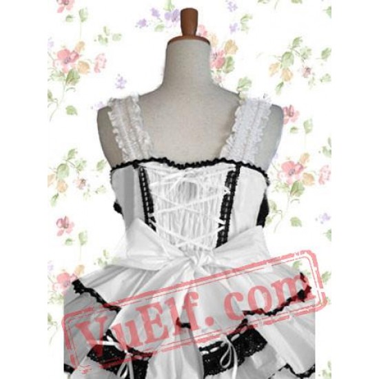 Black And White Sleeveless Bandage Cotton Gothic Lolita Dress