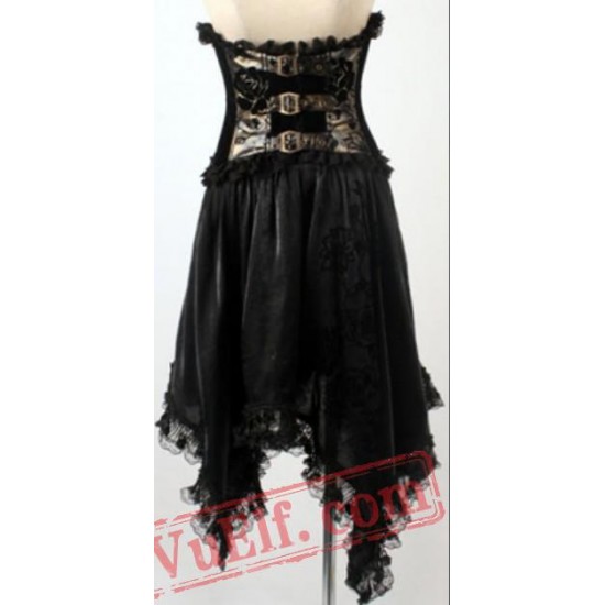 Long Black Gold High Waisted Goth Corset Wedding Dress