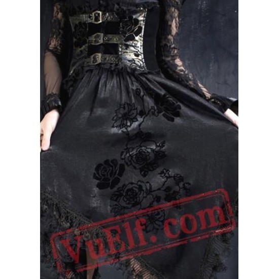 Long Black Gold High Waisted Goth Corset Wedding Dress