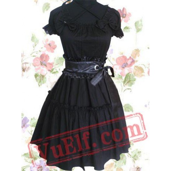 Gothic Black Short Sleeves Pleated Cotton Lolita Dress