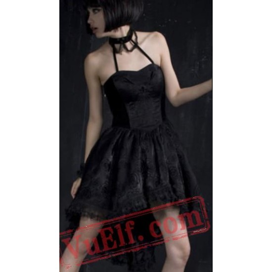 Little Black Halter Tea Length Gothic Punk Prom Dress