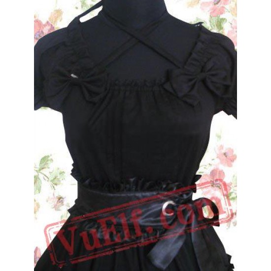 Gothic Black Short Sleeves Pleated Cotton Lolita Dress