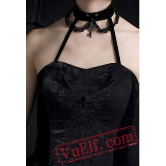 Little Black Halter Tea Length Gothic Punk Prom Dress