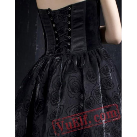 Little Black Halter Tea Length Gothic Punk Prom Dress