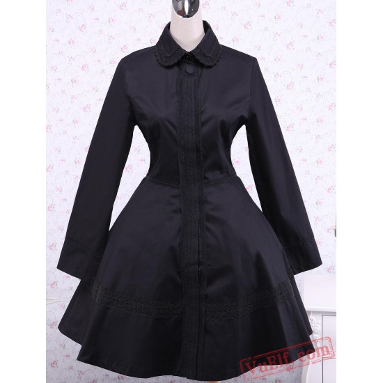 Black Cotton Turndown Collar Buttons Gothic Lolita Dress