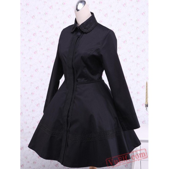 Black Cotton Turndown Collar Buttons Gothic Lolita Dress