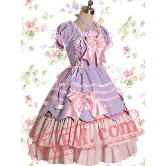 Light Purple And Pink Cotton Bandage Ruffle Bow Sweet Lolita Dre