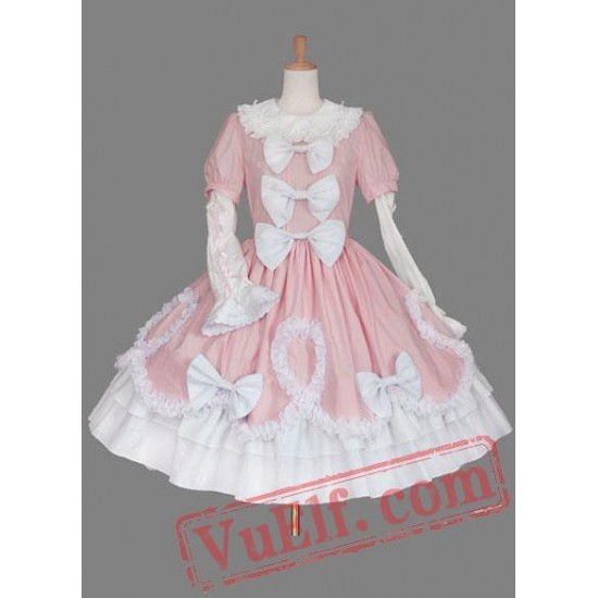 Pink and White Bow Cotton Sweet Lolita Dress