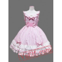 Pink and White Cap Sleeves Multi layer Bow Cotton Lolita Dress