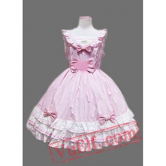 Pink and White Cap Sleeves Multi layer Bow Cotton Lolita Dress