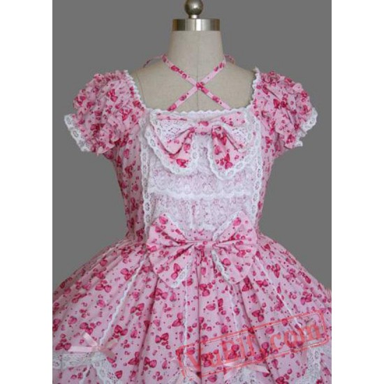 Pink Bow Short Sleeves Cotton Sweet Lolita Dress