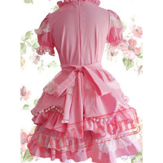 Sweet Pink Bow Short Sleeves Scalloped Cotton Lolita Dress