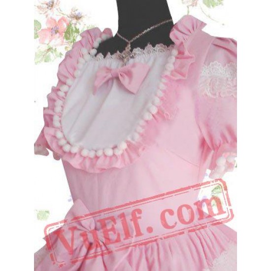 Sweet Pink Bow Short Sleeves Scalloped Cotton Lolita Dress