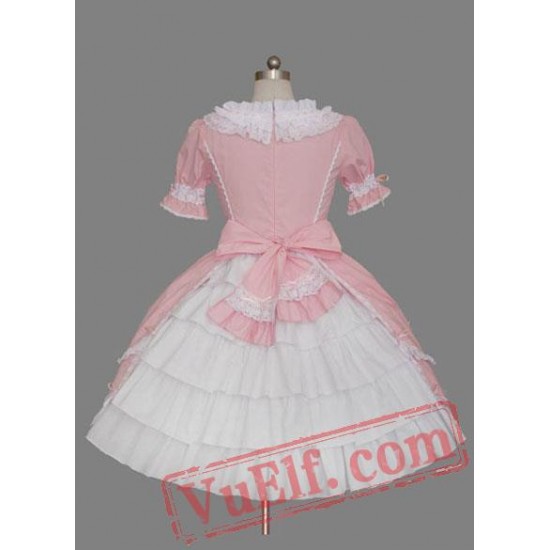 Pink Short Sleeves Bow Cotton Sweet Lolita Dress