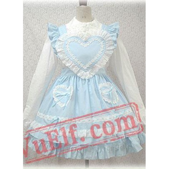 White and Blue Sweetheart Long Sleeves Cotton Lolita Dress