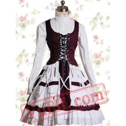 White And Bordeaux Cotton Stand Collar Bandage Sweet Lolita Dres