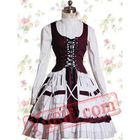 White And Bordeaux Cotton Stand Collar Bandage Sweet Lolita Dres